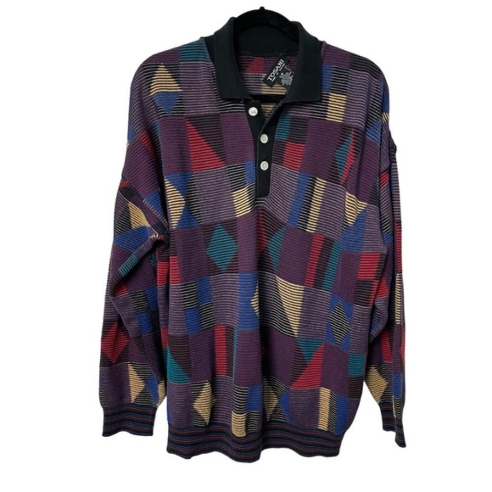 Ribbed Colourful Plaid Geometric Stripe Polo Henley Sweater